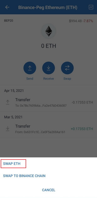 wähle "swap ETH"