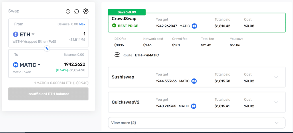 Swapping ETH to MATIC through CrowdSwap's BPR